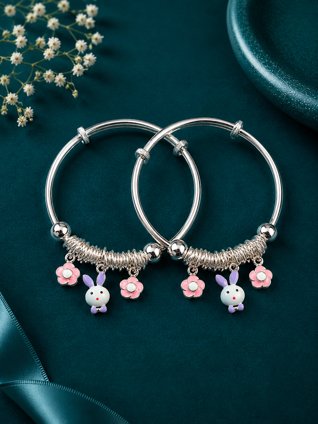 Pastel Bunny Dangle Silver Kids Kada Pair