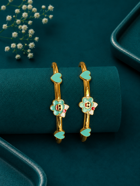 Sky-Blue Blossom Heart Gold Kids Kada Pair