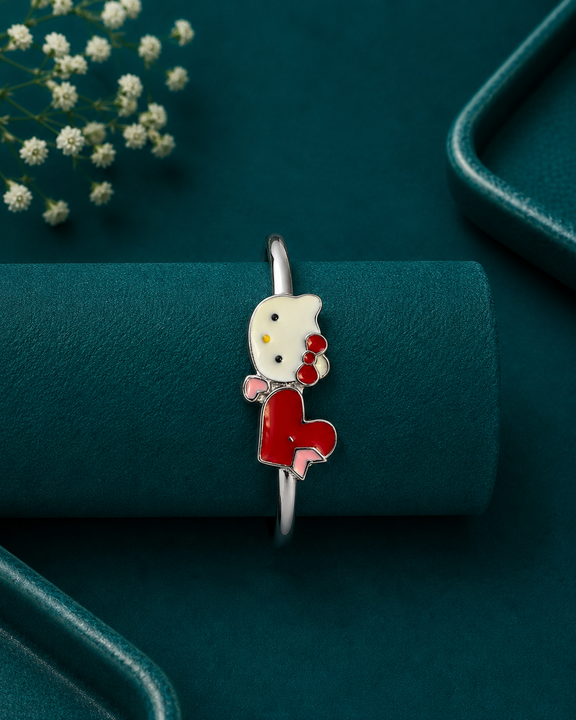 Red Bow Kitty Silver Kids Kada Pair