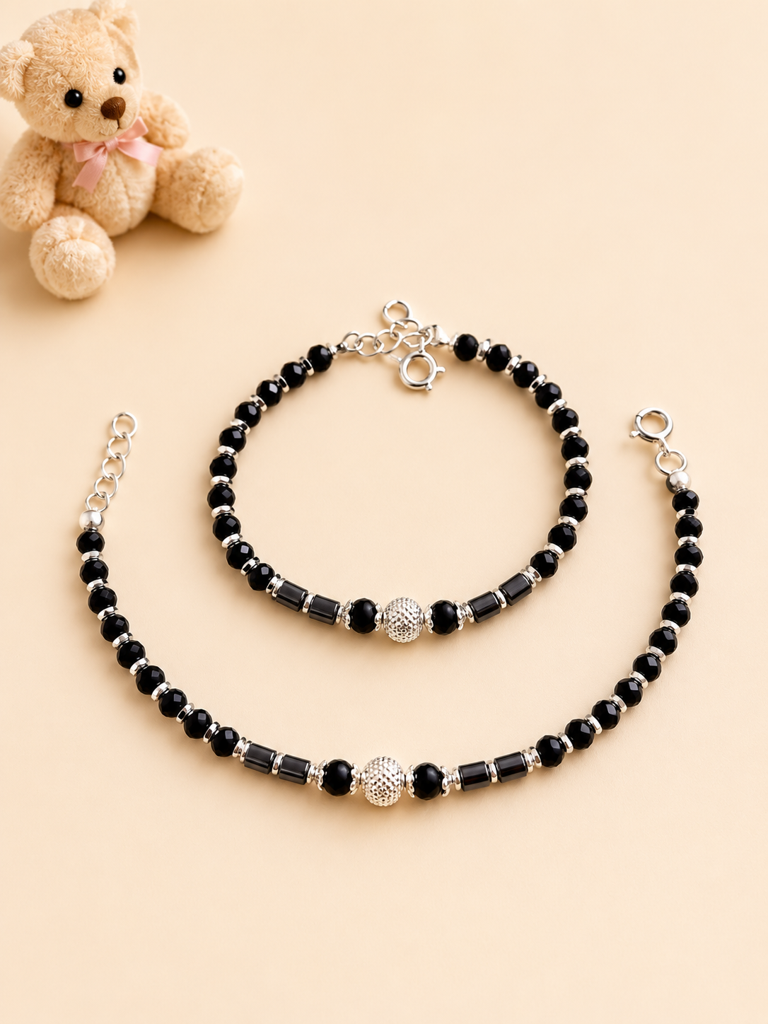 Kids Classic Silver Black Bead Bracelet