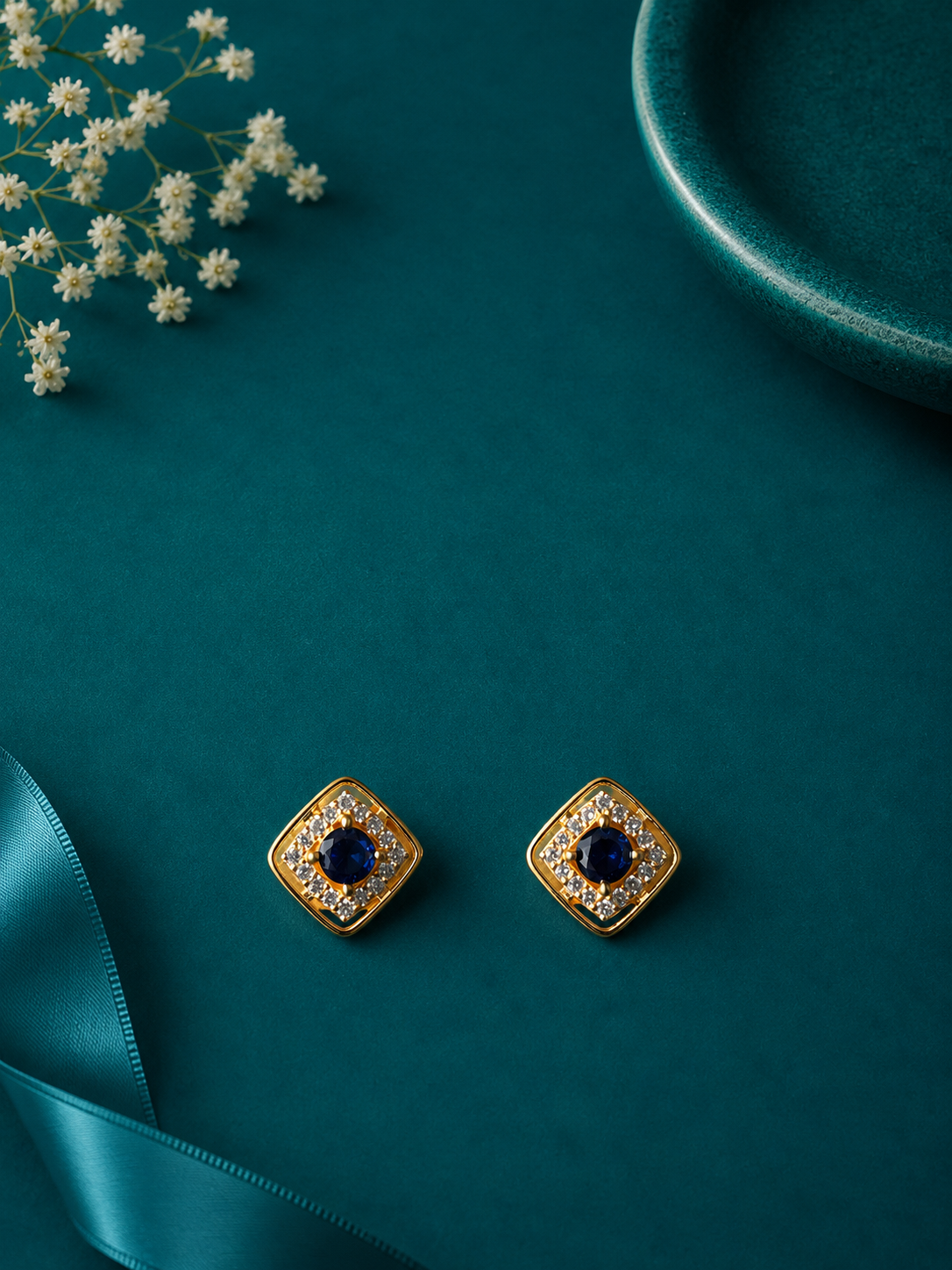 Navy Crystal Square Gold Stud Earrings