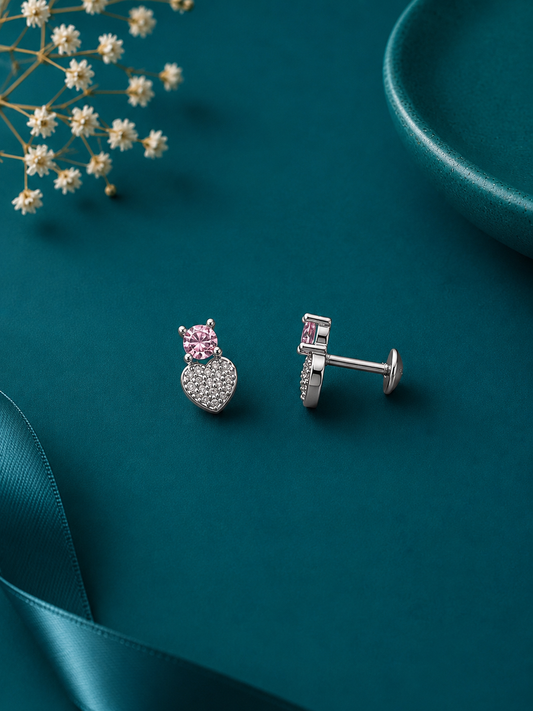 Pink Heart Drop Silver Earrings