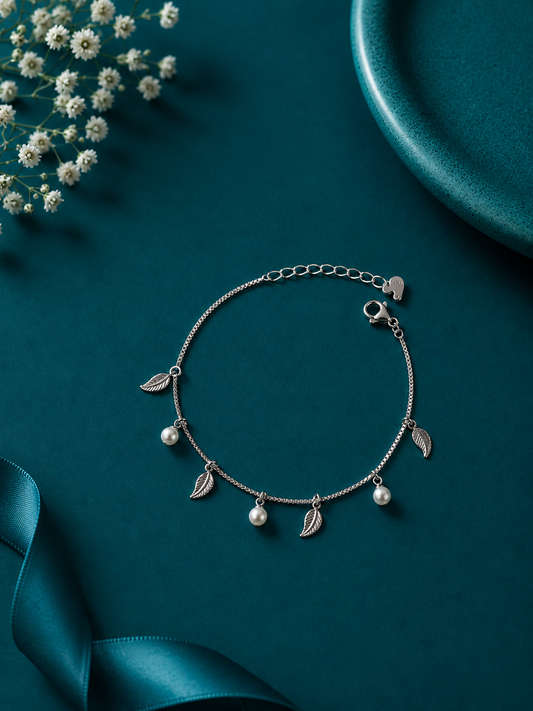 Leaf and Pearl Charm Bracelet