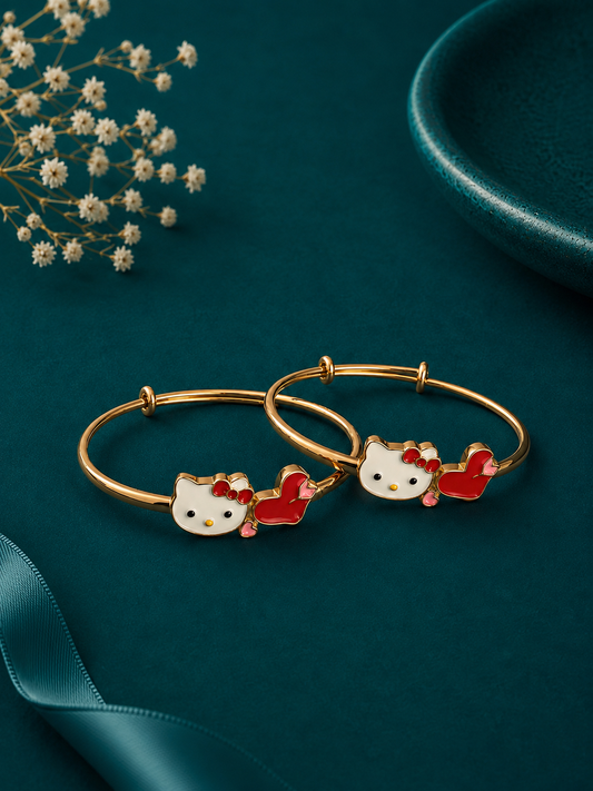 Red Bow Kitty Gold Kids Kada Pair