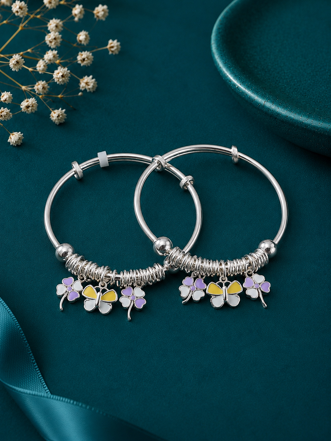 Pastel Flower Dangle Silver Kids Kada Pair