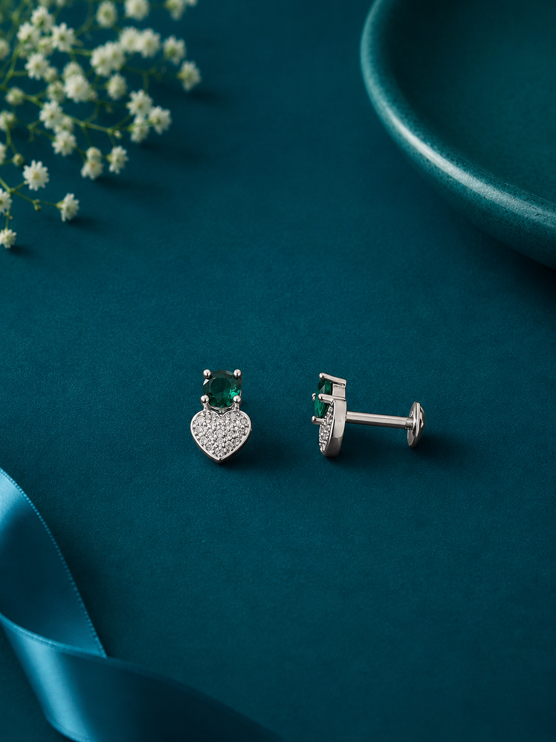 Green Heart Drop Silver Earrings