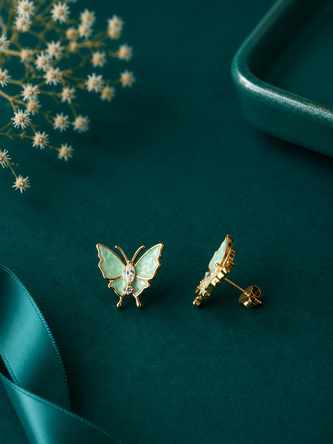 Green Crystal Butterfly Gold Stud Earrings