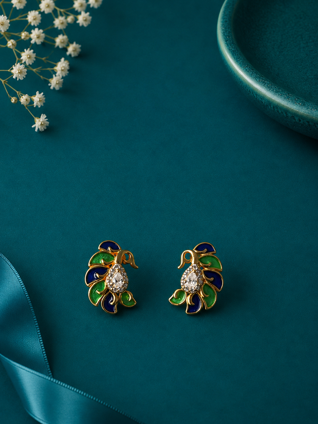 Peacock Enamel Gold Stud Earrings