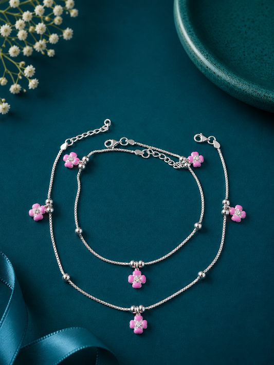 Pink Flower Charm Silver Anklet Pair