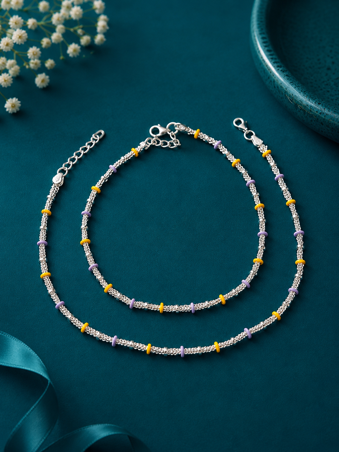 Pastel Geometric Bead Silver Anklet Pair