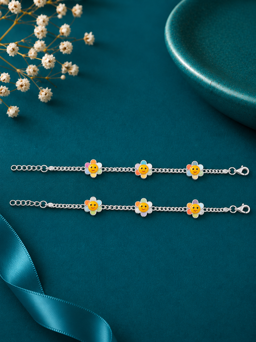 Sunshine Daisy Silver Kids Anklet Pair