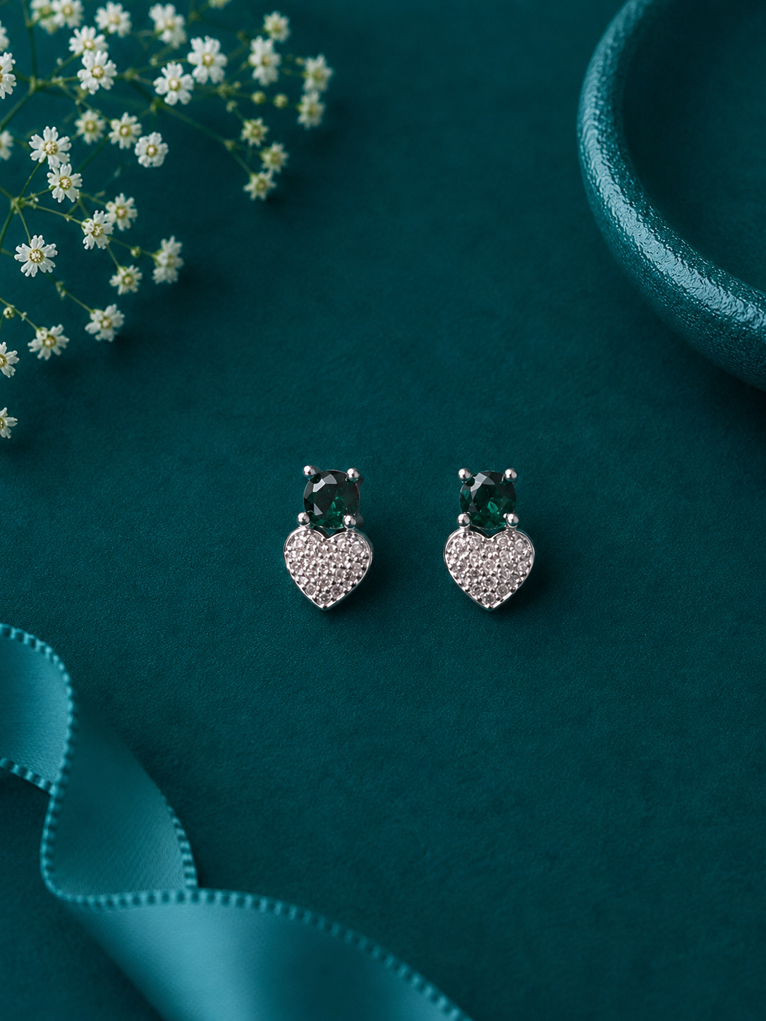 Green Heart Drop Silver Earrings
