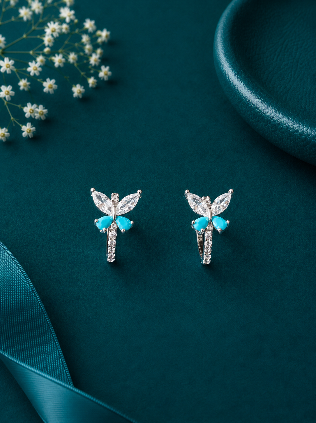 Blue Butterfly Bow Silver Kids Hoop Earrings