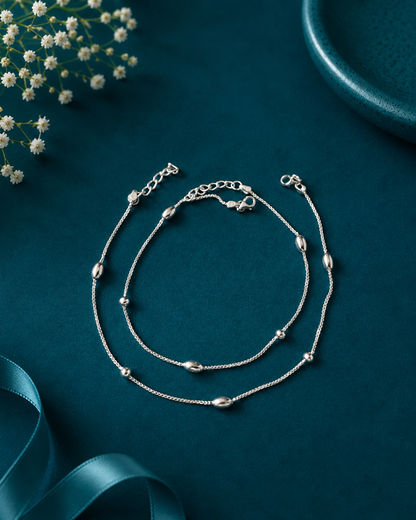 Polished Silver Ball Station Anklet Pair