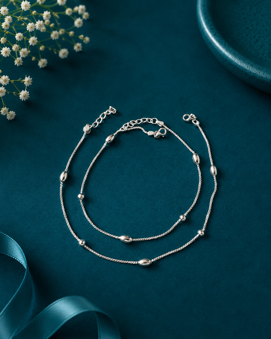 Polished Silver Ball Station Anklet Pair