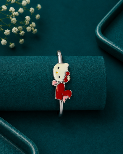 Red Bow Kitty Silver Kids Kada Pair