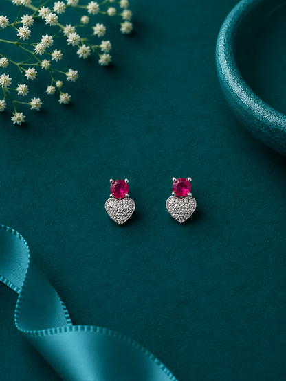 Ruby Heart Drop Silver Earrings