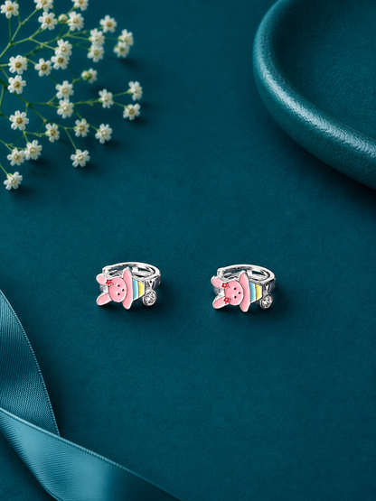 Pink Elephant Silver Kids Hoop Earrings