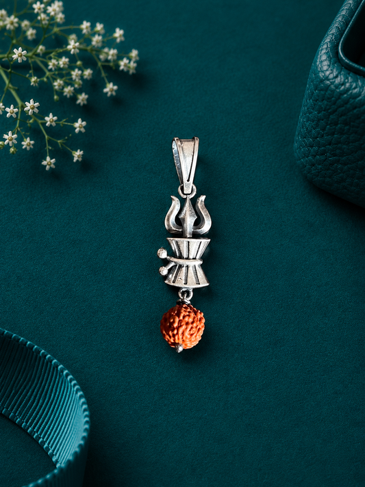Sterling Silver Shiva Trishul Damru Rudraksha Pendant