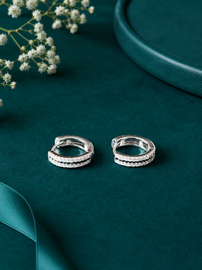 Double Row Crystal Silver Kids Hoop Earrings