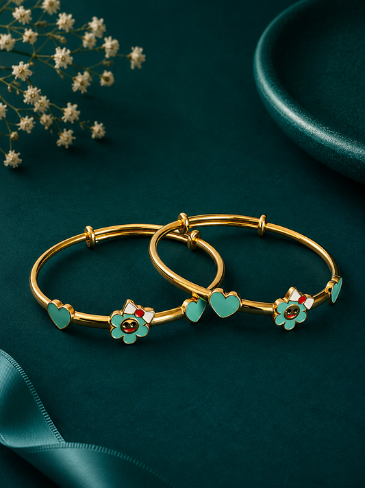 Sky-Blue Blossom Heart Gold Kids Kada Pair
