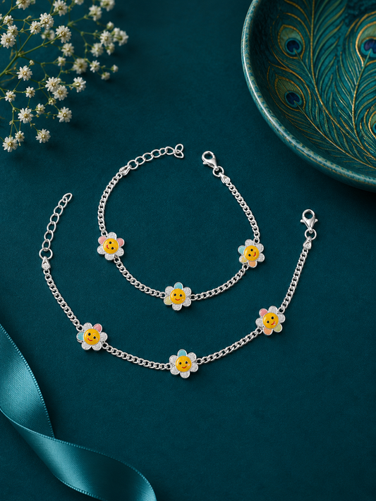 Sunshine Daisy Silver Kids Anklet Pair