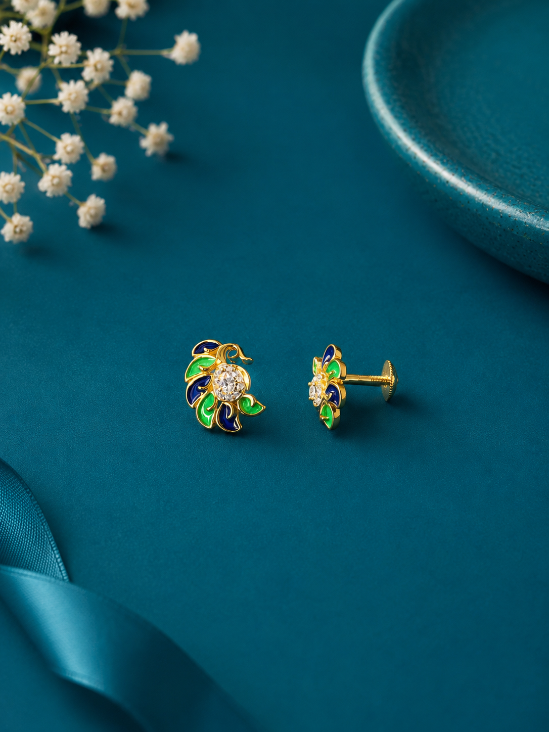 Peacock Enamel Gold Stud Earrings