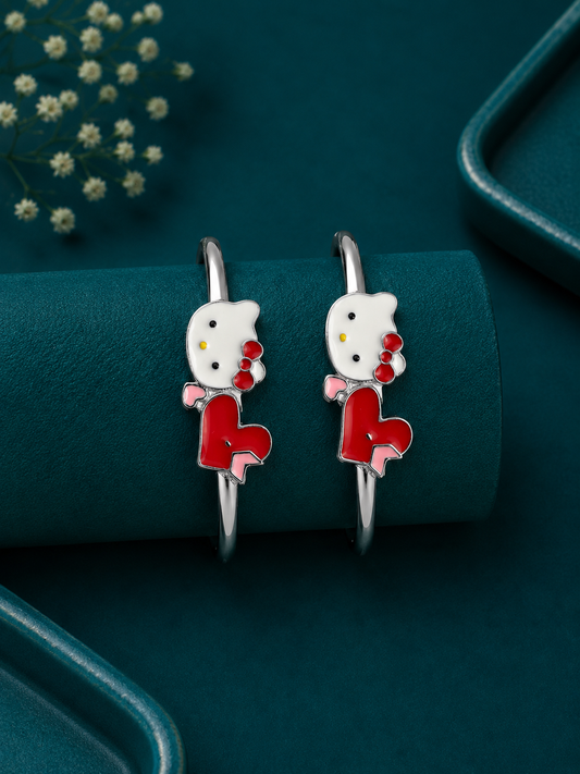 Red Bow Kitty Silver Kids Kada Pair