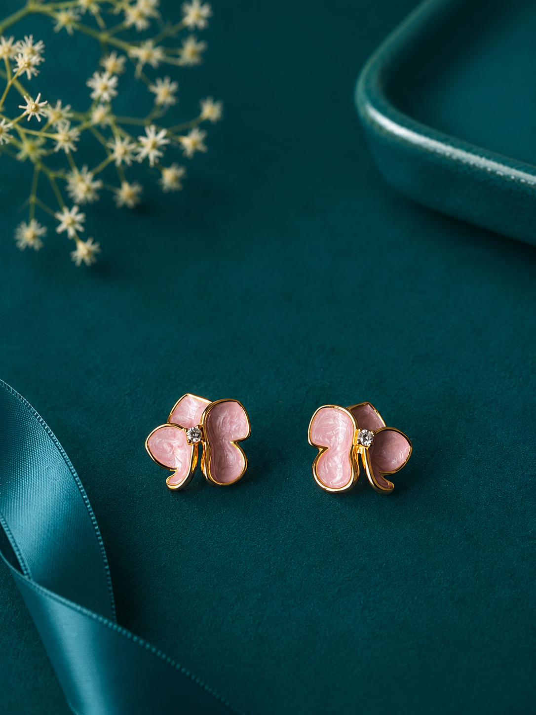 Pink Butterfly Gold Stud Earrings