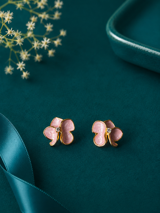Pink Butterfly Gold Stud Earrings