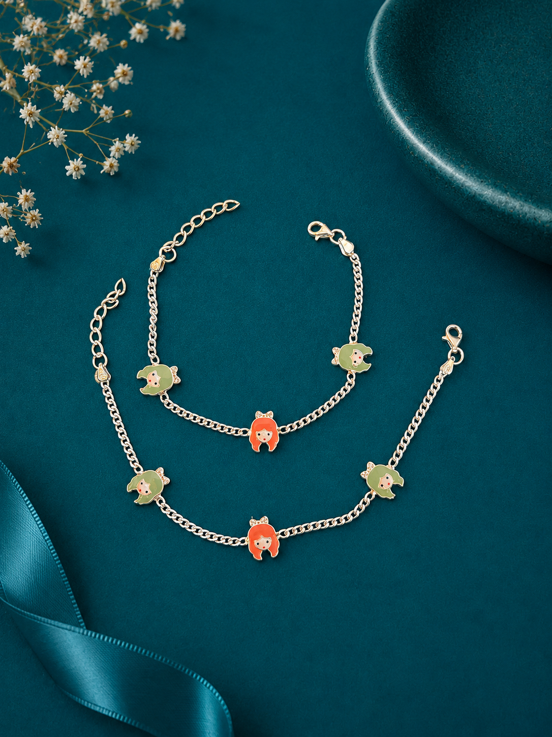 Coral Blossom Star Silver Kids Anklet Pair
