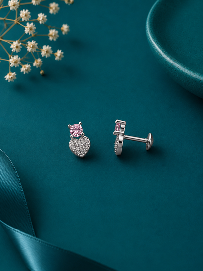 Pink Heart Drop Silver Earrings