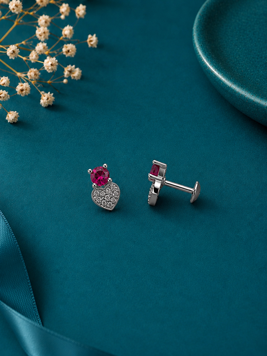 Ruby Heart Drop Silver Earrings