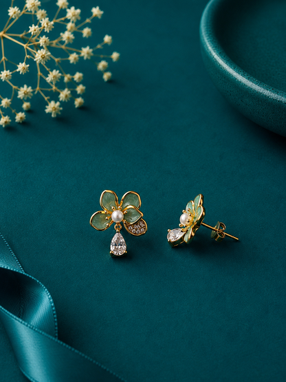 Golden Flower Dangle Stud Earrings
