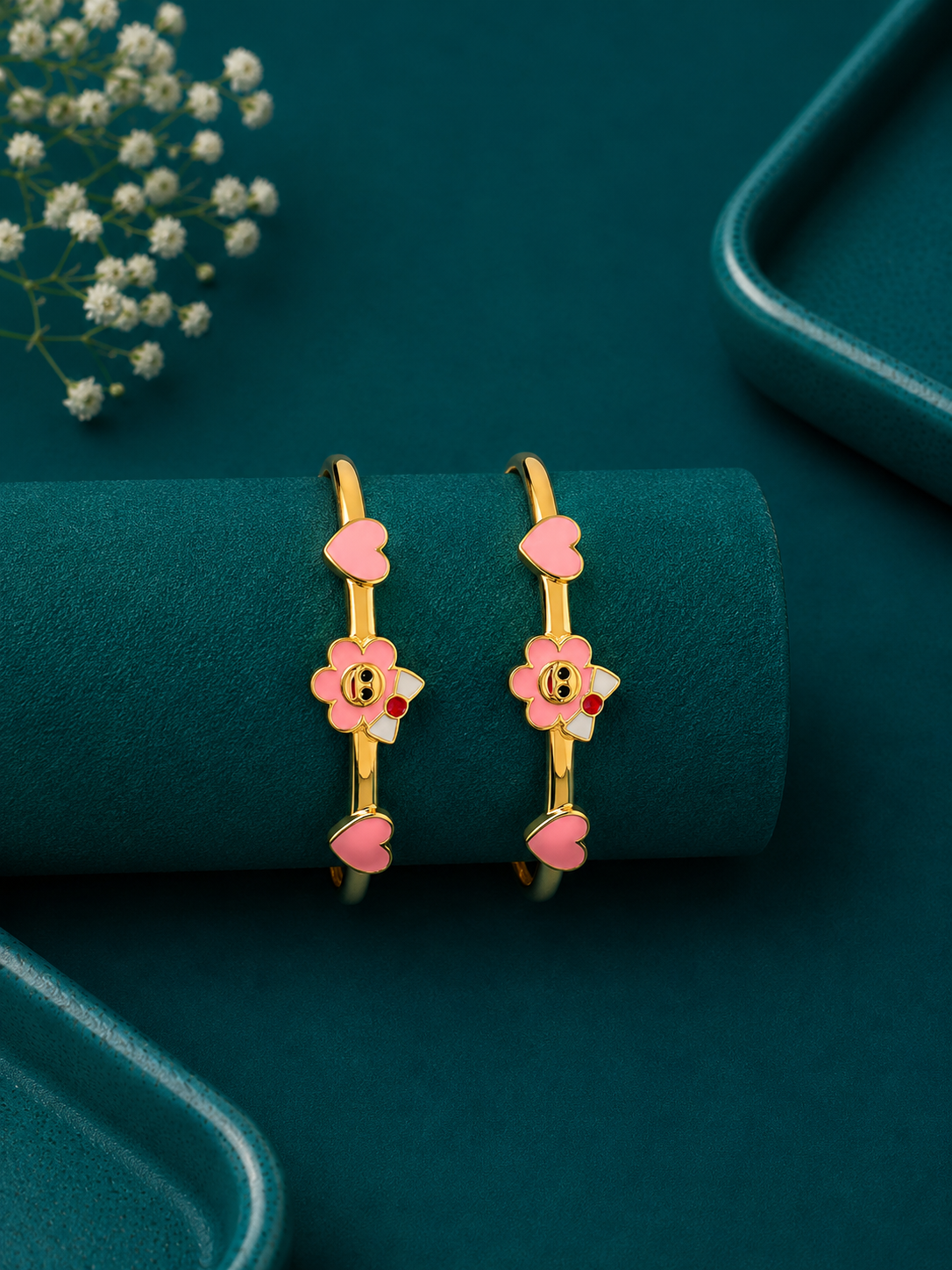 Pink Blossom Heart Gold Kids Kada Pair