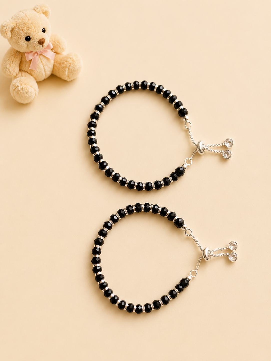 Kids Minimal Silver Black Bead Nazaria Bracelet Set