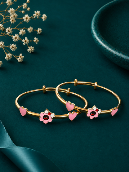 Pink Blossom Heart Gold Kids Kada Pair