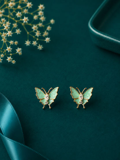 Green Crystal Butterfly Gold Stud Earrings