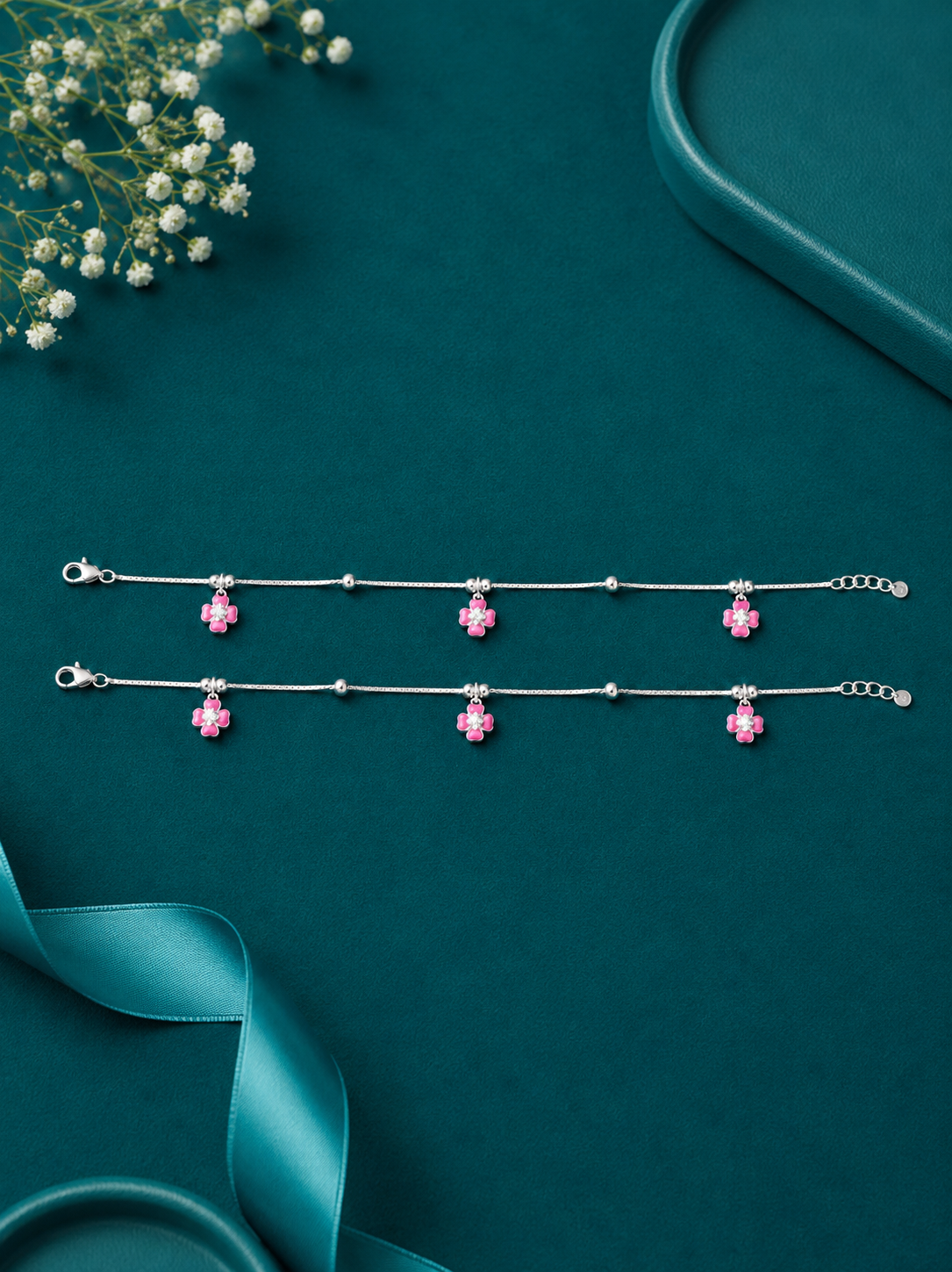 Pink Flower Charm Silver Anklet Pair