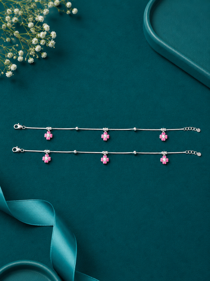 Pink Flower Charm Silver Anklet Pair