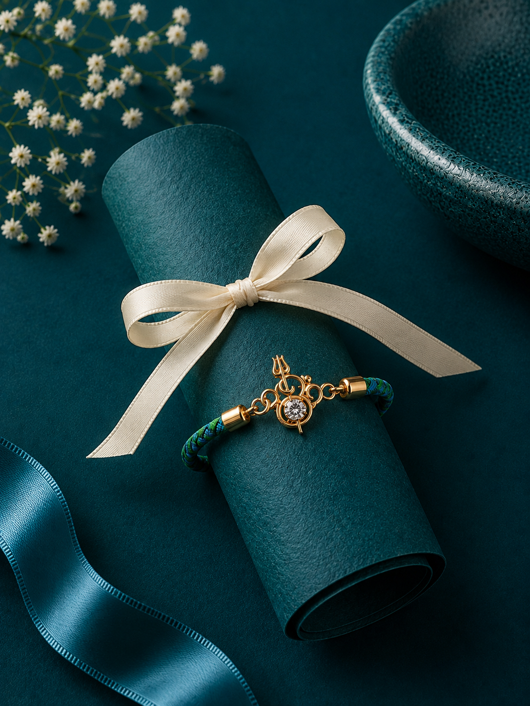 Ornate Floral Green Thread Rakhi