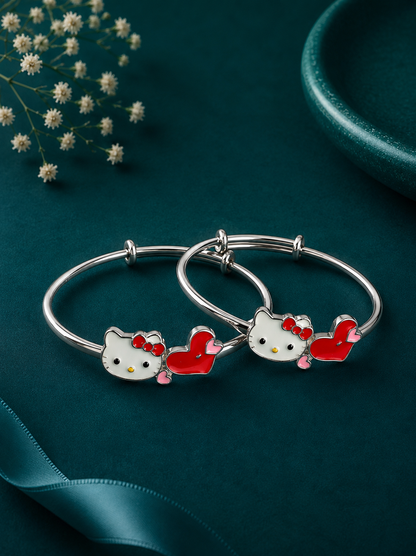 Red Bow Kitty Silver Kids Kada Pair