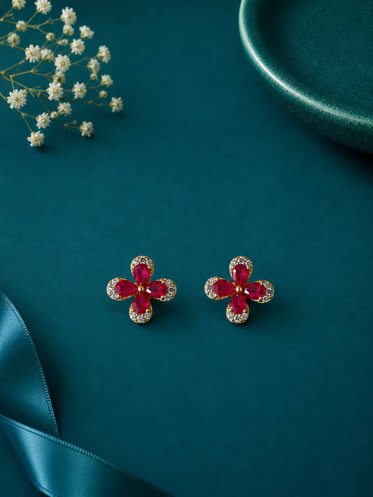 Ruby Flower Gold Stud Earrings