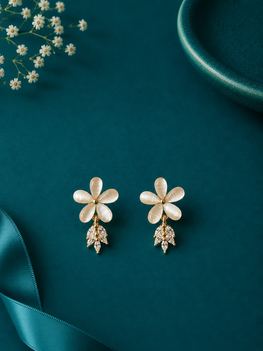 White Daisy Dangle Gold Stud Earrings