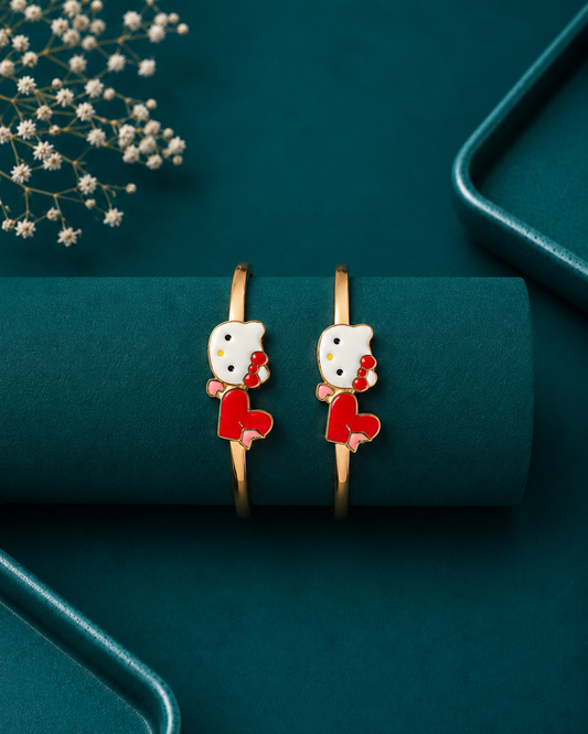 Red Bow Kitty Gold Kids Kada Pair