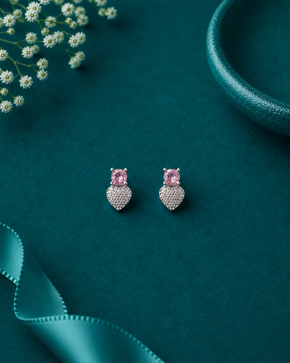 Pink Heart Drop Silver Earrings