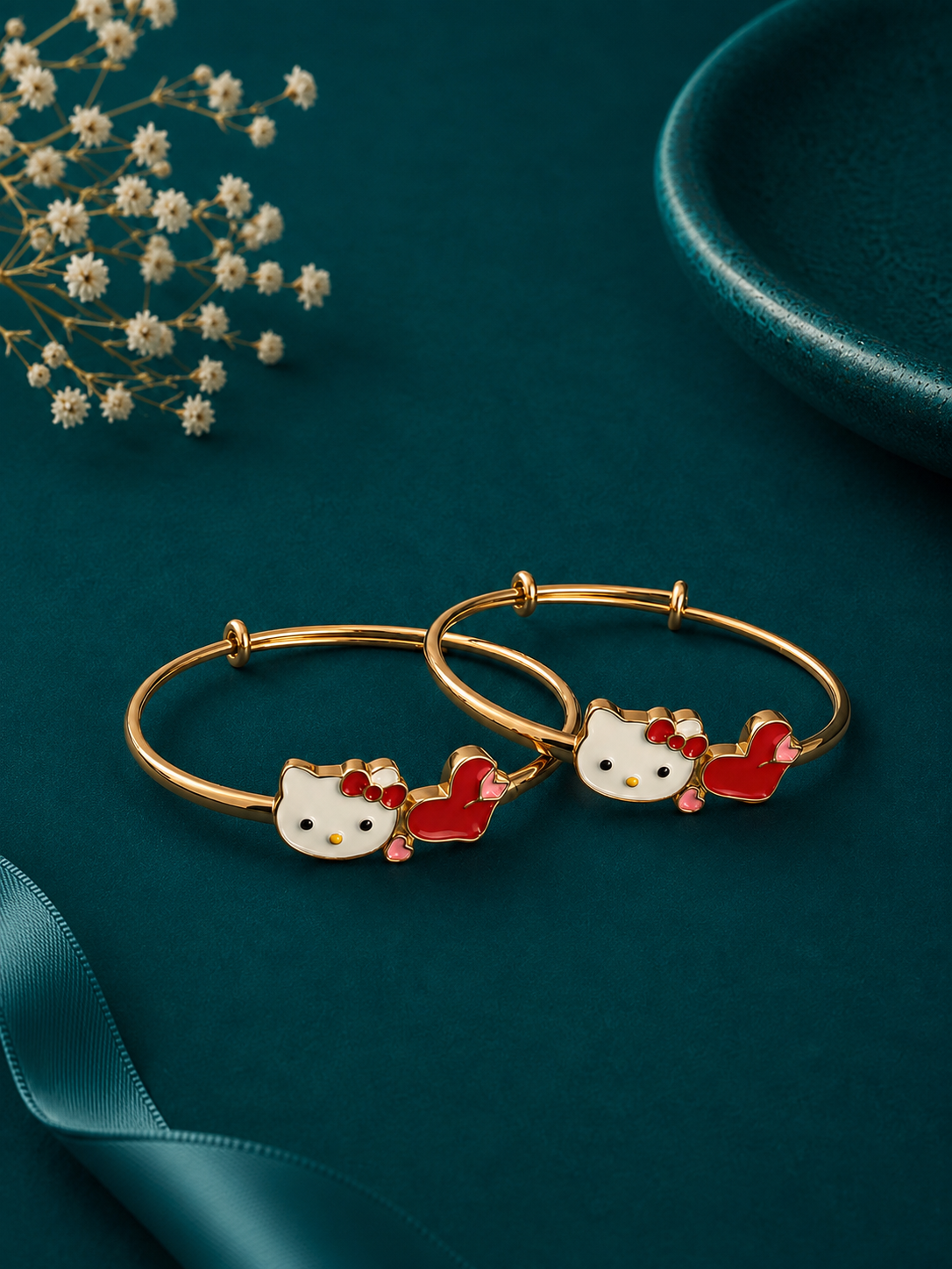 Red Bow Kitty Gold Kids Kada Pair