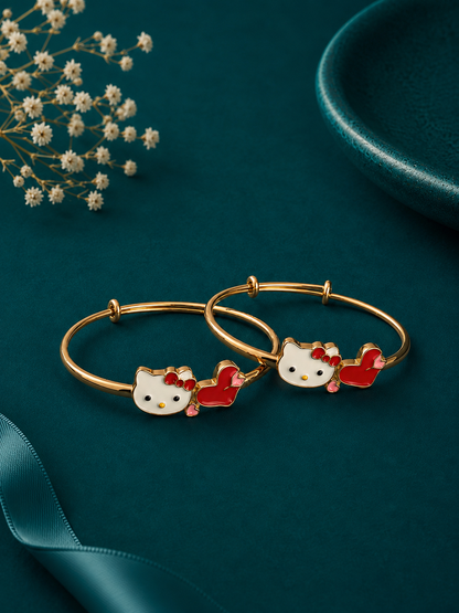 Red Bow Kitty Gold Kids Kada Pair