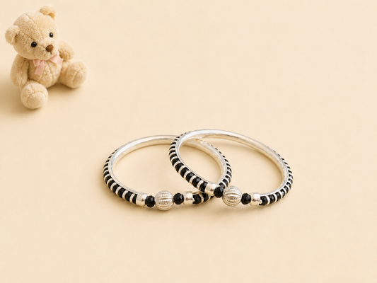 Kids Traditional Silver Black Bead Bangles