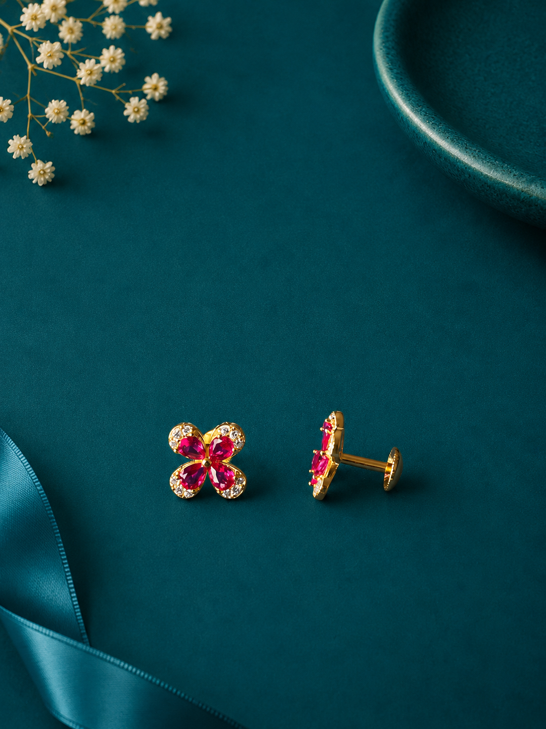 Ruby Flower Gold Stud Earrings